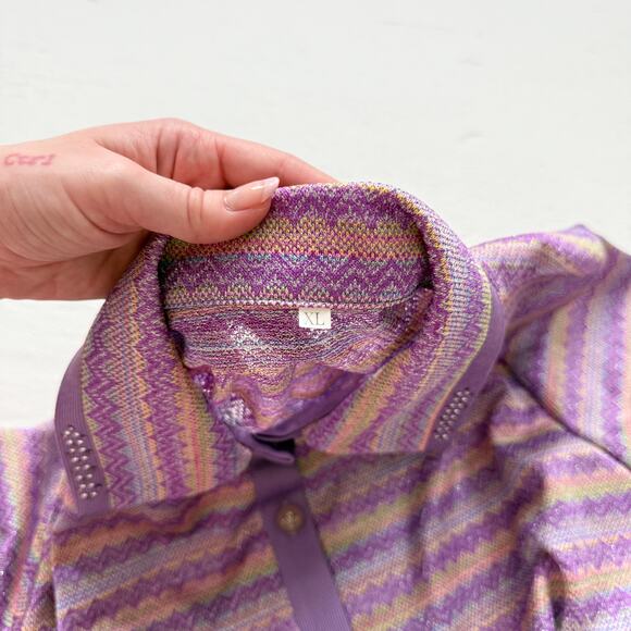 Purple Zigzag Metallic Stripe Knit Button Up Rhinestone Collar, Size XL - Picture 7 of 8